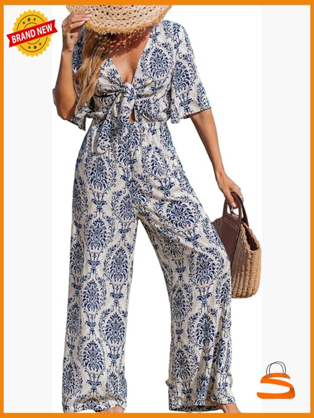 Short Sleeve V Neck Floral Wide Leg Jumpsuit Romper